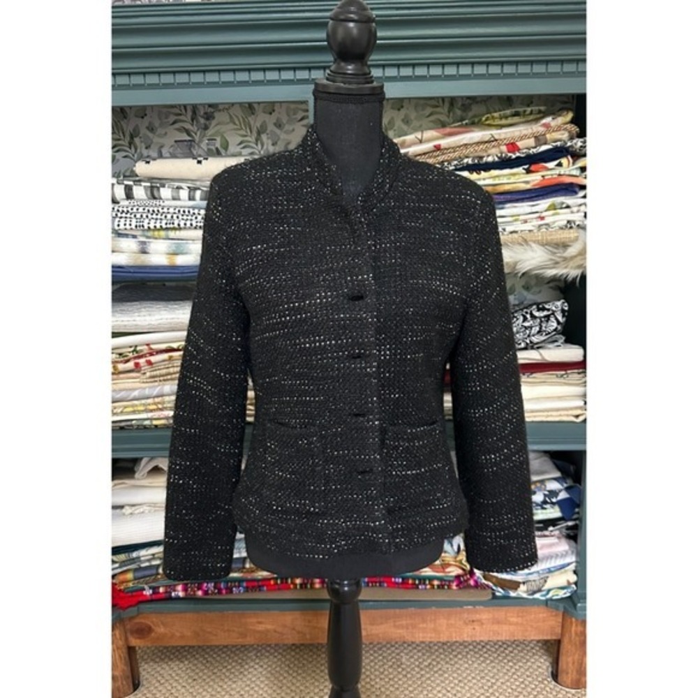 Chicos Size 1 Black White Tweed Jacket Blazer Pockets Buttons Lined